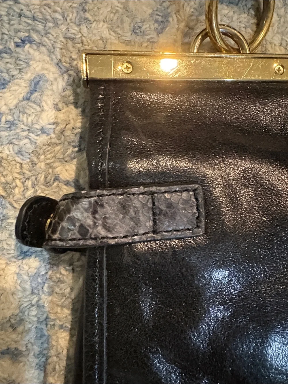 Black Leather and Gray Snake-Print Top Handle Bag